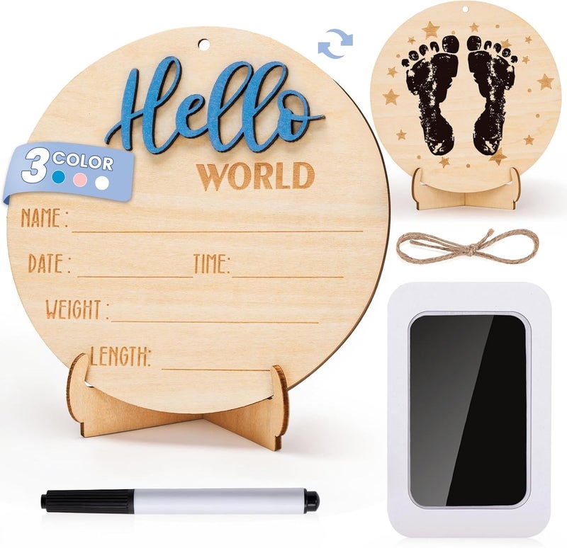 Giftacity Baby Hello World Announcement Sign: Wooden Blue Baby Newborn Signs for Hospital with Footprint - Birth Round Board for Welcome New Boy Nursery Gifts - Image 1
